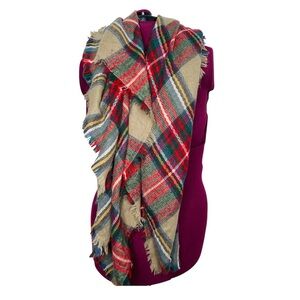 Vintage plaid multicolor blanket scarf fringe detailing perfect for Fall Winter